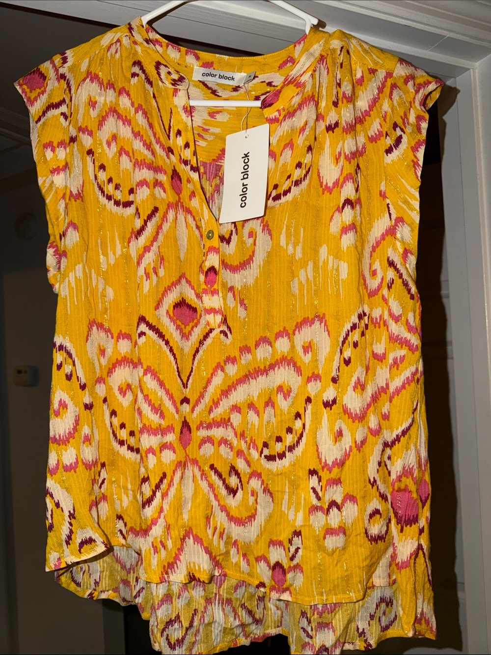 Color Block Women's Yellow Ikat Sleeveless Blouse - Color Block